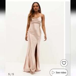 True Decadence Satin Maxi Dress Waterfall Neckline Lined Slit Adjustable Straps